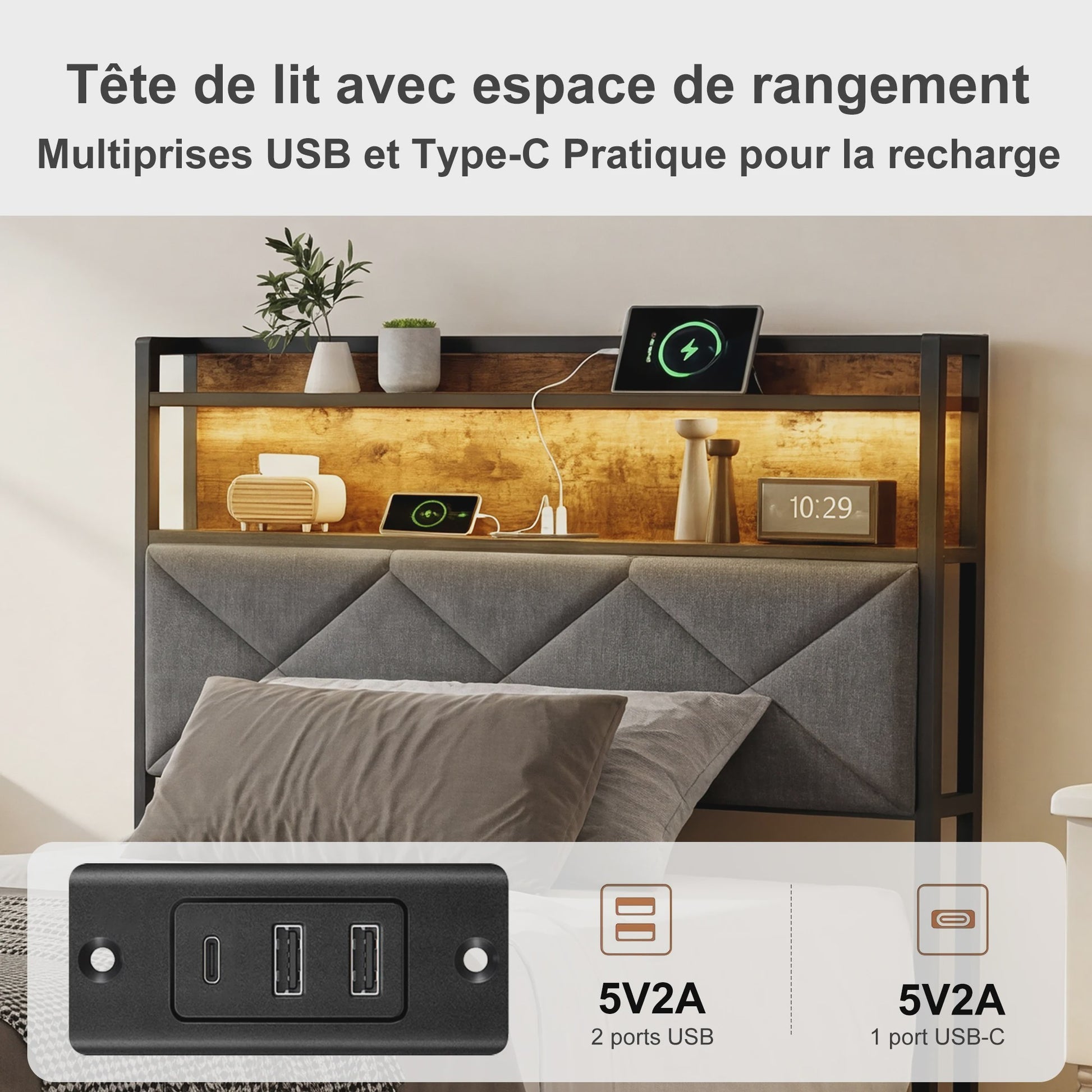 Modern Metalen Bed 90x200cm met LED Verlichting, Opbergkopstuk en USB-poorten
