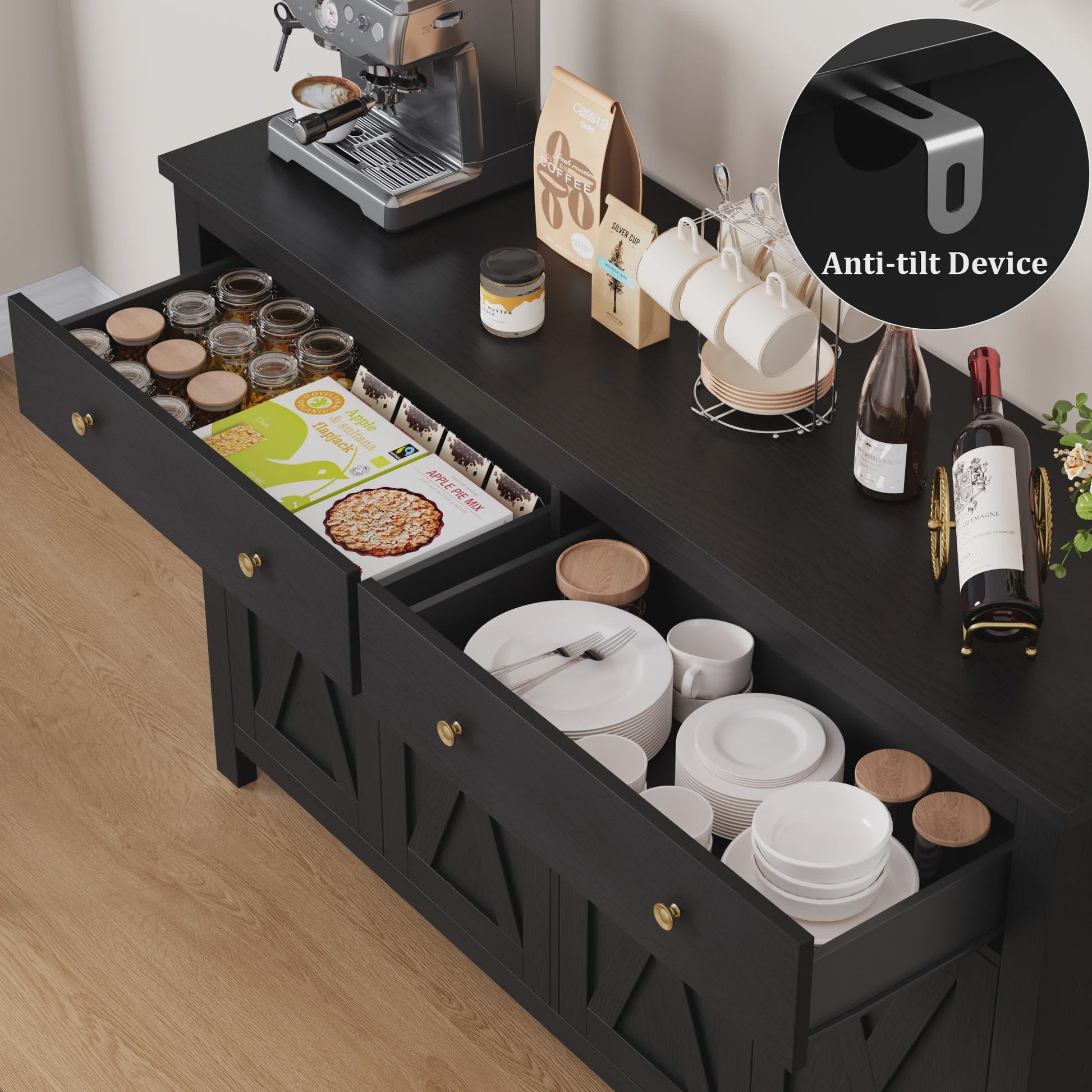 Groot Wit Dressoir met 2 Lades en 4 Deuren - Stijlvolle Opbergkast voor Woon- en Eetkamer (140x40x89cm)