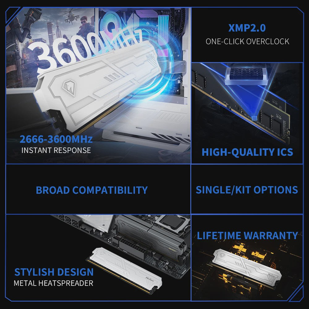 Netac Shadow III DDR4 RAM Geheugen - 3200MHz/3600MHz - Desktop UDIMM met Metalen Heatsink