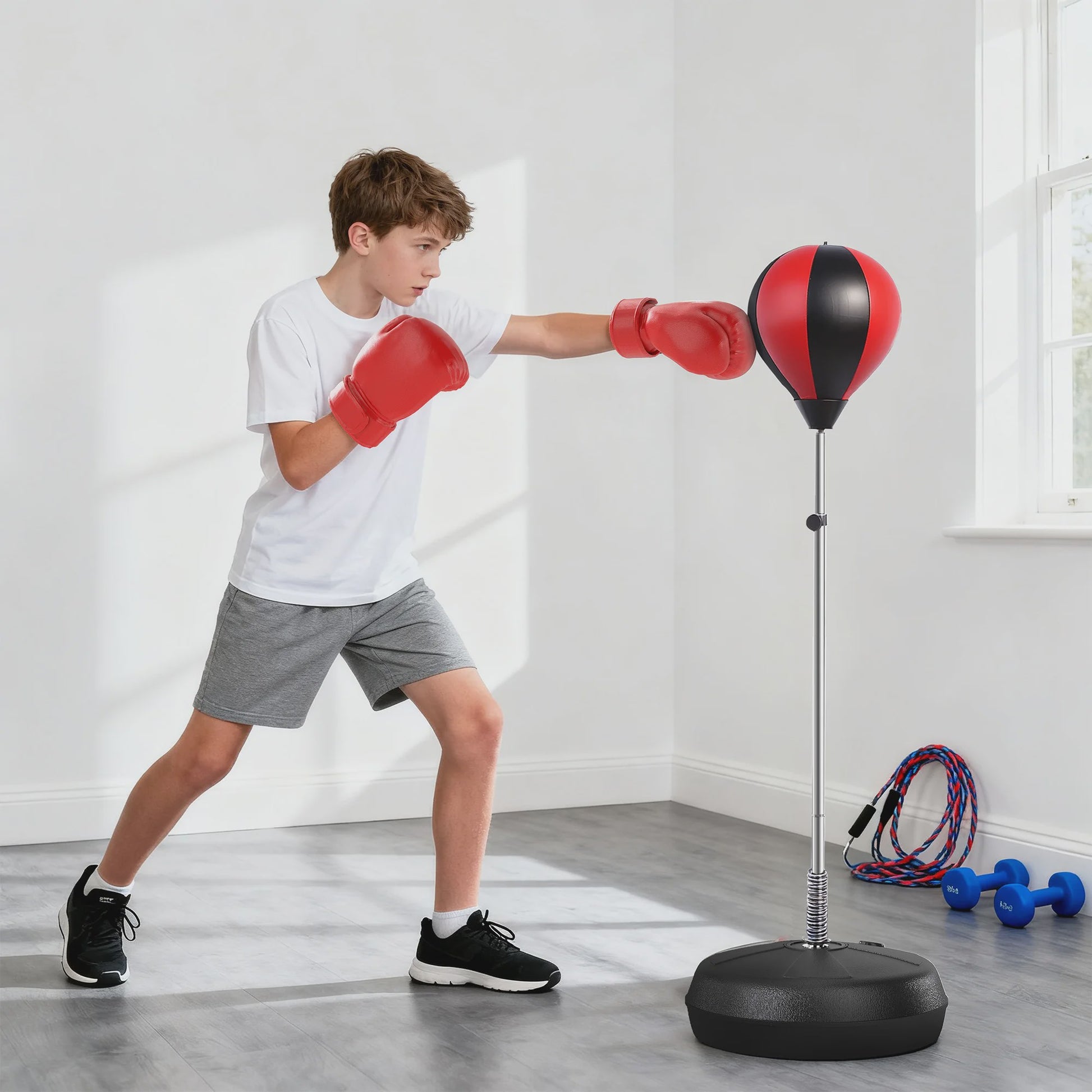 HOMCOM Punching bag on foot Punching ball on foot adjustable in height-cm with gloves, pump and base for teenagers and beginners black and red
