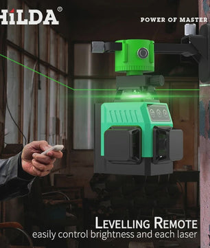 HILDA 3D Laser Waterpas - 12 Groene Lijnen, Zelfnivellerend, 360° Kruis, Draagbaar