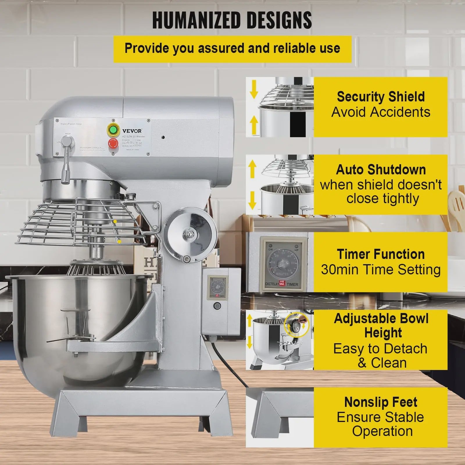 SucceBuy 15QT Industriële Keukenmixer - 3 Snelheden, RVS Kom & Accessoires