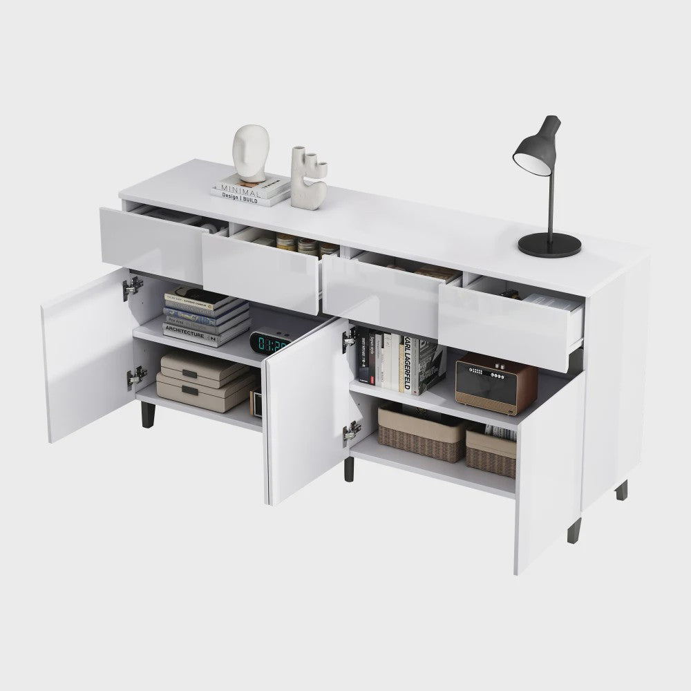Moderne Hoogglans Sideboardkast met 4 Lades, 2 Deuren en Verstelbare Planken