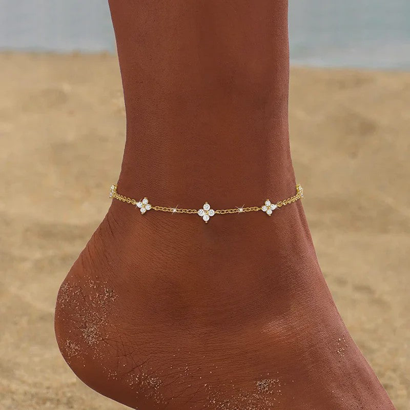 Dames Anklet Klavertje Vier Bloemen - 18K Goudkleurig, Waterdicht & Zirkonia