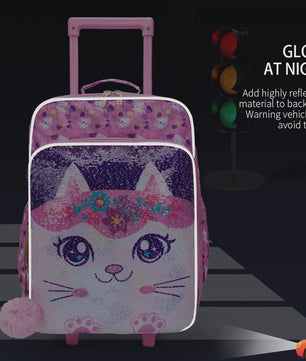 Roze Kinderkoffer met Kattenprint en Pailletten - 18 inch Handbagage