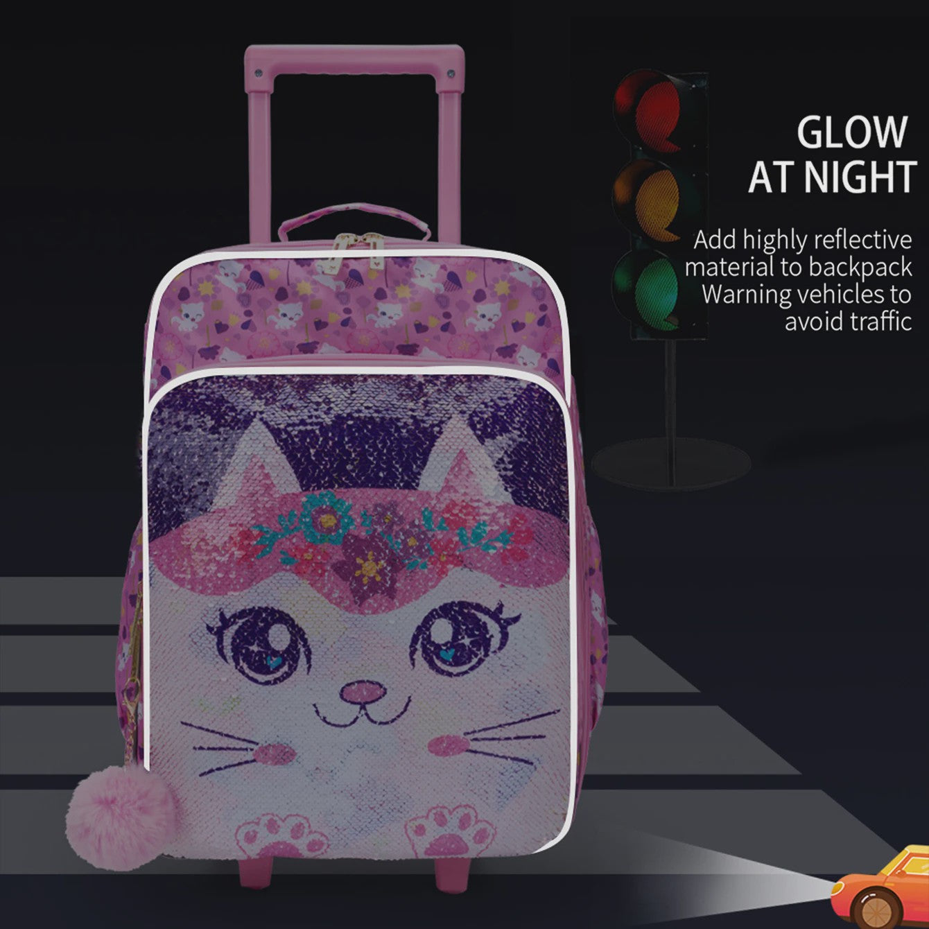 Roze Kinderkoffer met Kattenprint en Pailletten - 18 inch Handbagage