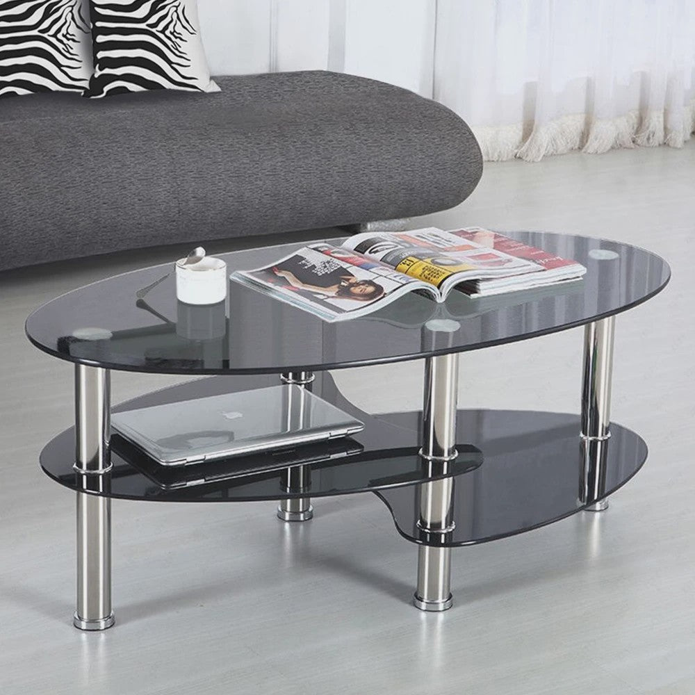 Ovale Glazen Koffietafel met 2 Niveaus - 90x50x45cm - Stijlvol en Modern