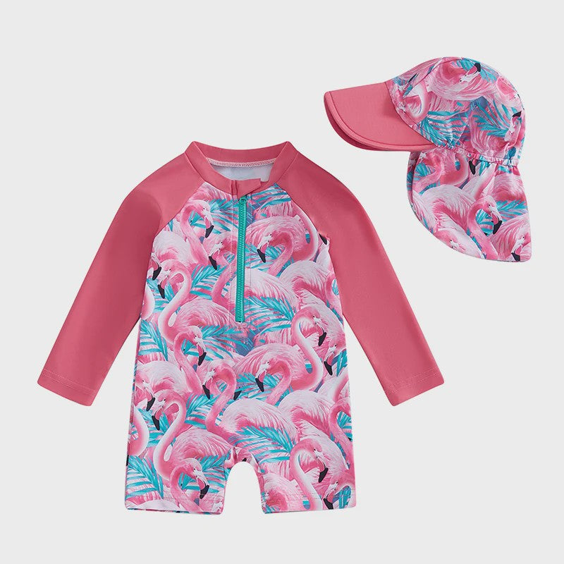 Meisjes Zwempak Lange Mouwen met Zonnehoed - Bloemenprint