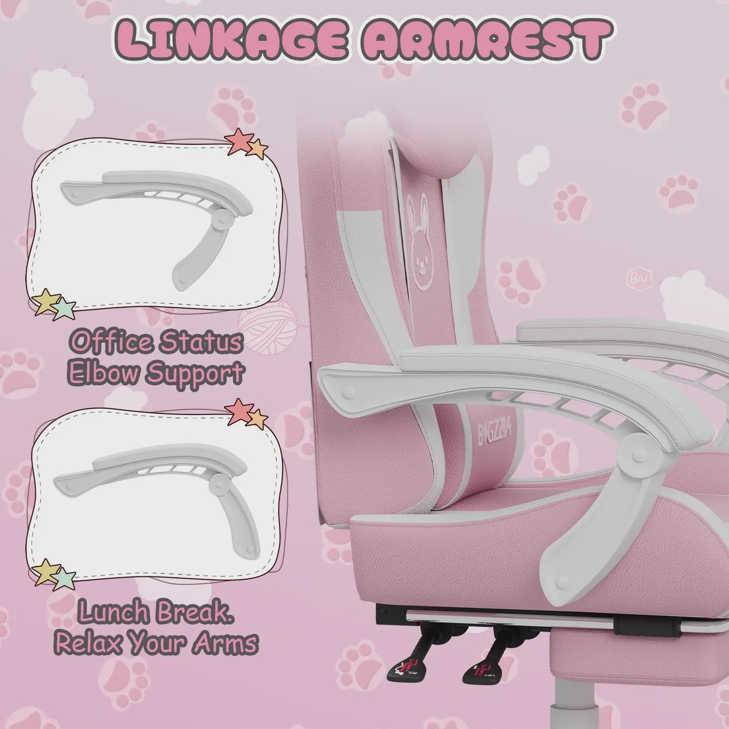 Ergonomische Gaming Chair met Kattenoren, Massagefunctie en Voetensteun - Roze