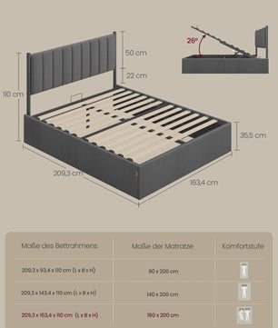 VASAGLE Bedframe 160x200 cm met Opbergruimte, Grijze Hoofdbord en Opklapbaar Lattenbodem