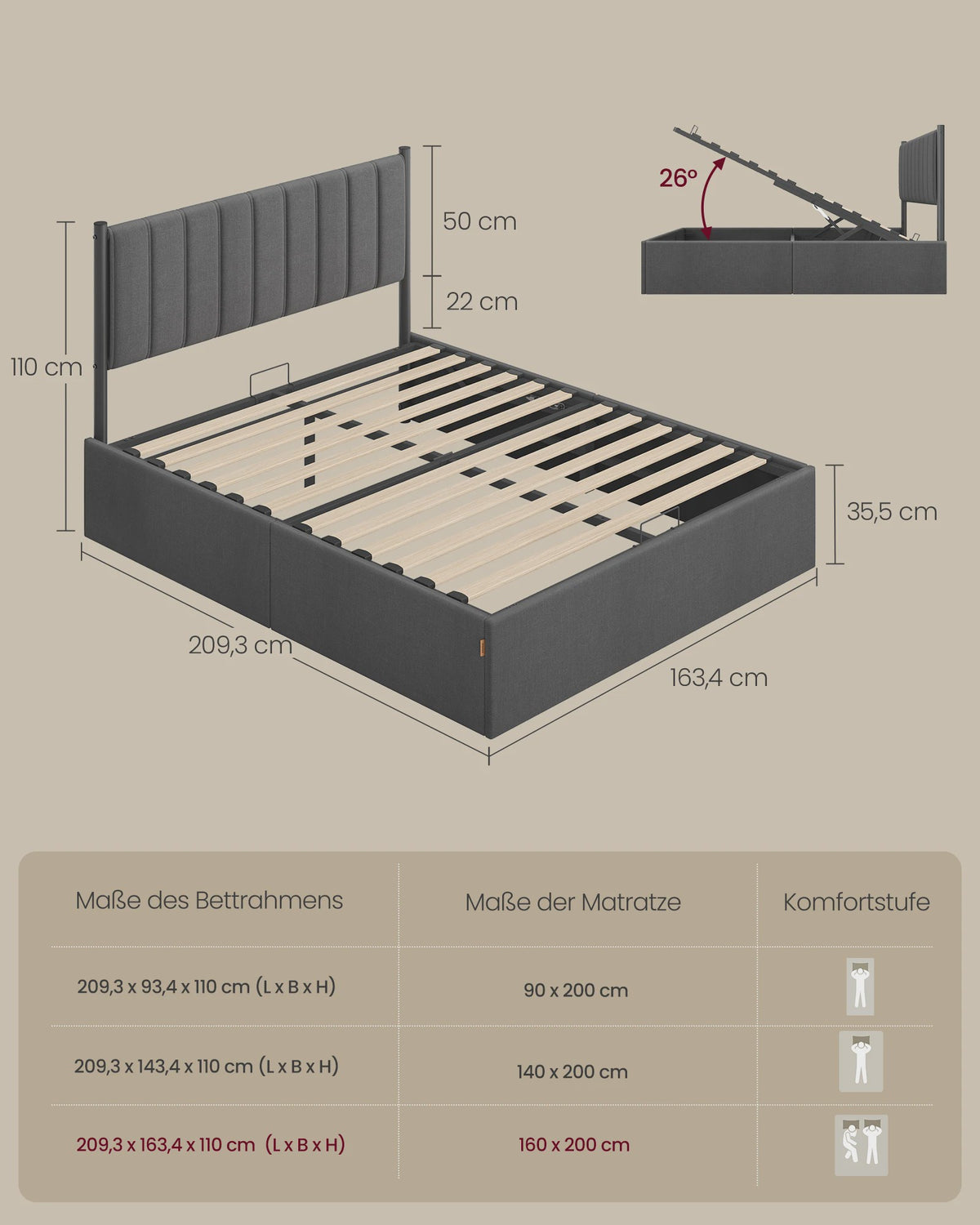 VASAGLE Bedframe 160x200 cm met Opbergruimte, Grijze Hoofdbord en Opklapbaar Lattenbodem