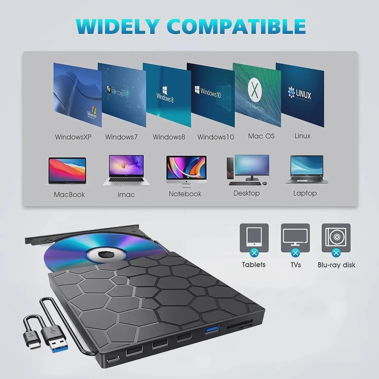 Externe DVD/CD Brander & Speler met USB 3.0 en Type-C - 7-in-1 Multifunctionele Drive