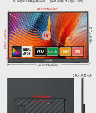 16-inch Draagbare Monitor met Touchscreen Optie, 1200P HDR IPS, Type-C & HDMI - Ideaal voor Gaming en Productiviteit