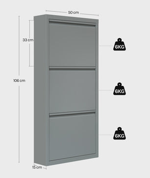 SediaXL Metalen Schoenenkast met 3 Klepkasten - Smal en Stijlvol voor Hal, Woonkamer of Slaapkamer