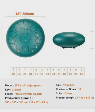 Groene Steel Tongue Drum 305mm met 13 Noten - Inclusief Mallets & Draagtas
