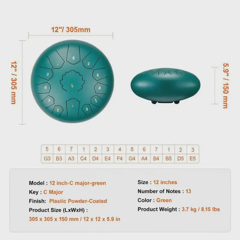 Groene Steel Tongue Drum 305mm met 13 Noten - Inclusief Mallets & Draagtas