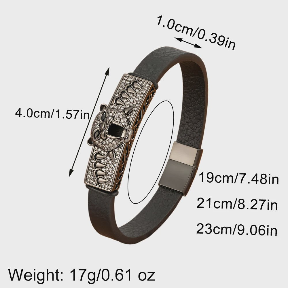 Heren Lederen Armband met Leopard Hoofd & Kristallen - Vintage Punk Rock Stijl