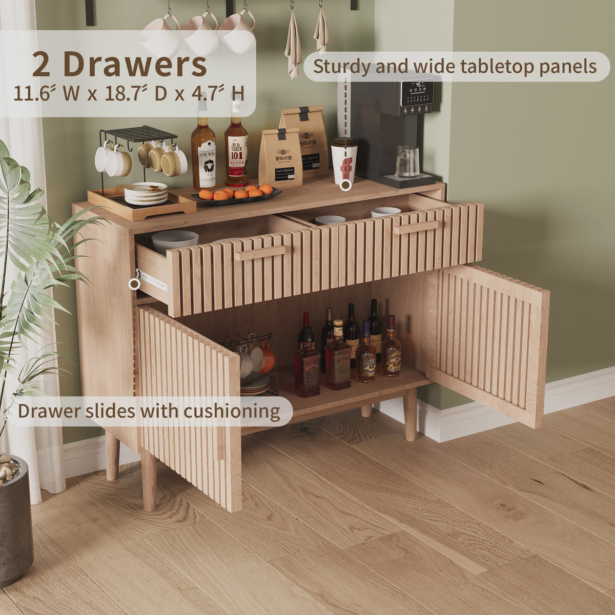 Simurq Sideboard / Buffetkast 100x35x80cm - 2 Lades, 2 Deuren, Massief Houten Poten & Lamellenpanelen