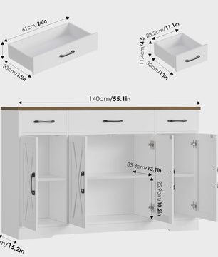 Stijlvol Dressoir 140cm met 4 Barn Doors en 3 Lades - Opbergkast voor Woonkamer of Keuken