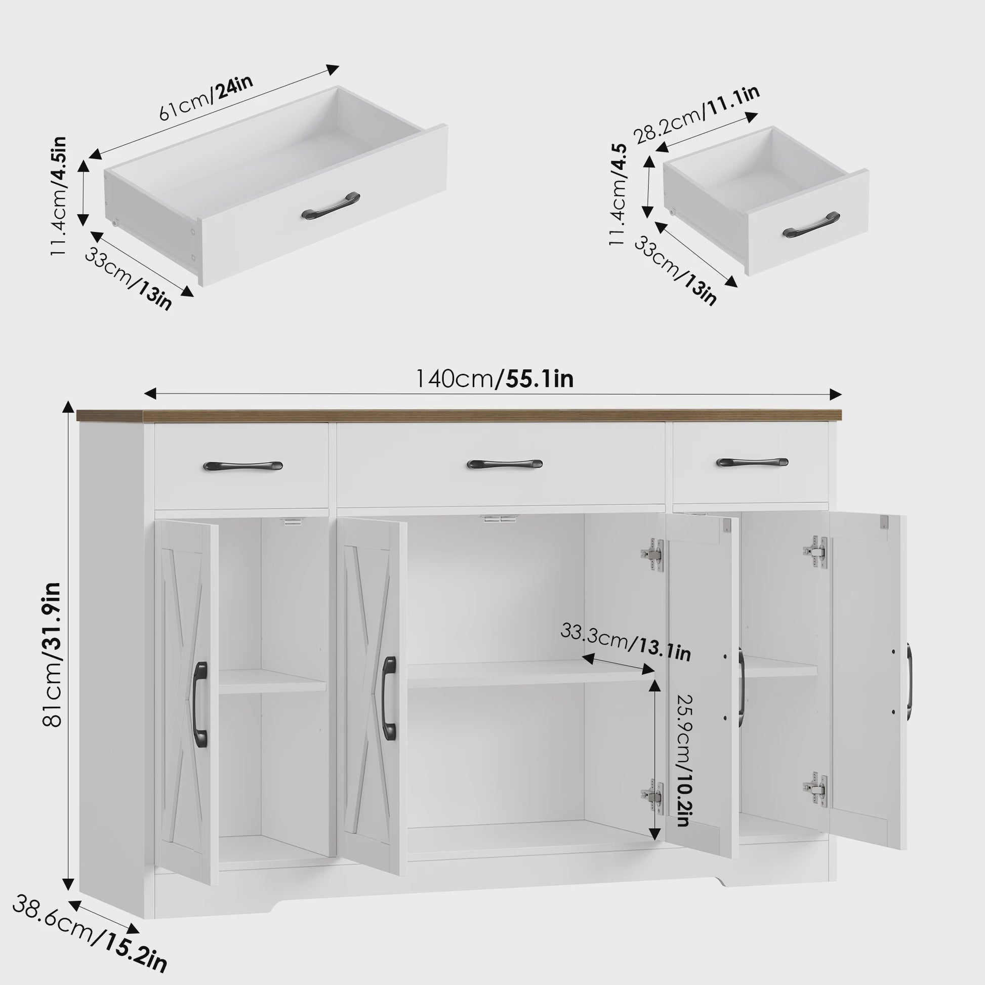 Stijlvol Dressoir 140cm met 4 Barn Doors en 3 Lades - Opbergkast voor Woonkamer of Keuken