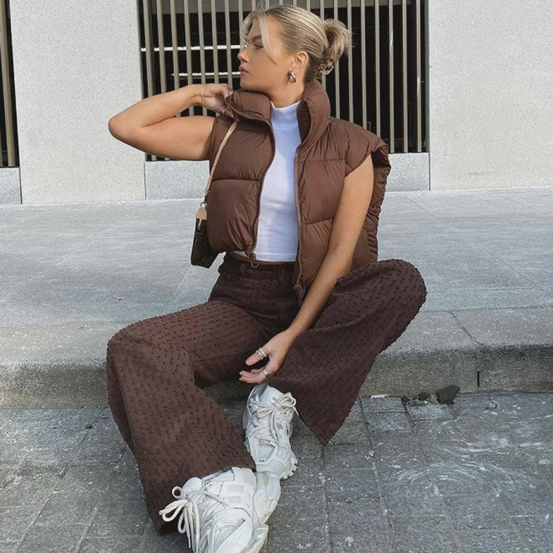 Dames Mouwloos Winter Vest - Warm & Stijlvol Gevuld Kort Jasje met Opstaande Kraag