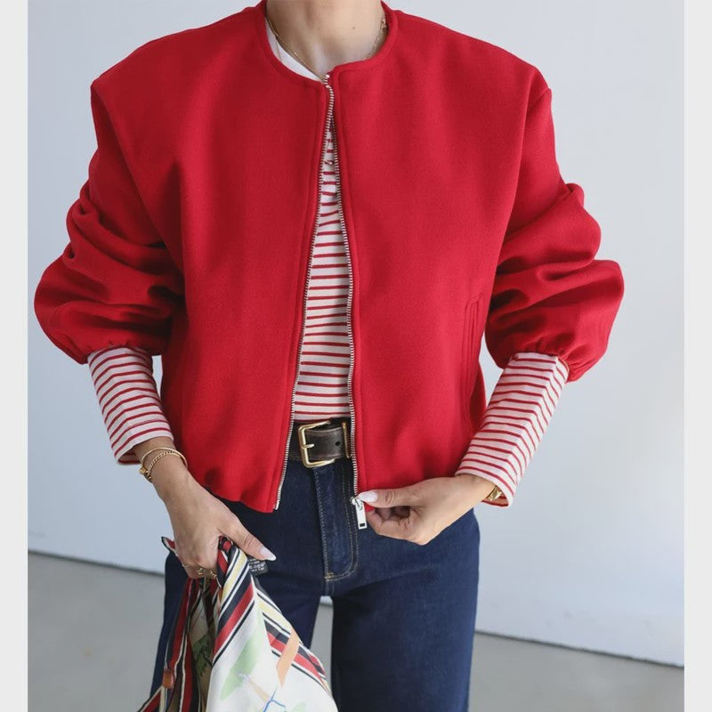 Dames Cropped Bomberjack met Rits - Zachte Stijlvolle Jas met Lange Mouwen