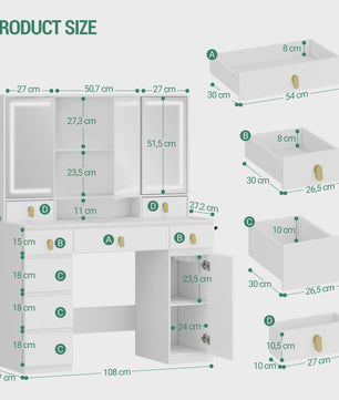 Kaptafel met Spiegel, LED Verlichting, Stopcontact & Föhn Houder - 8 Lades, 3 Kleuren, Dimbaar