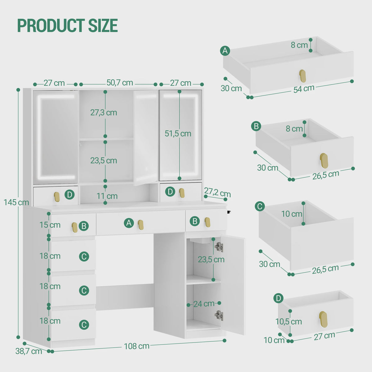 Kaptafel met Spiegel, LED Verlichting, Stopcontact & Föhn Houder - 8 Lades, 3 Kleuren, Dimbaar