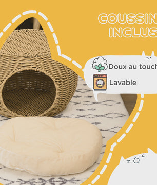 PawHut Kattenmand Niche Rond Rotin PE met Zacht Kussen - Ø 40x30 cm Lichtbruin