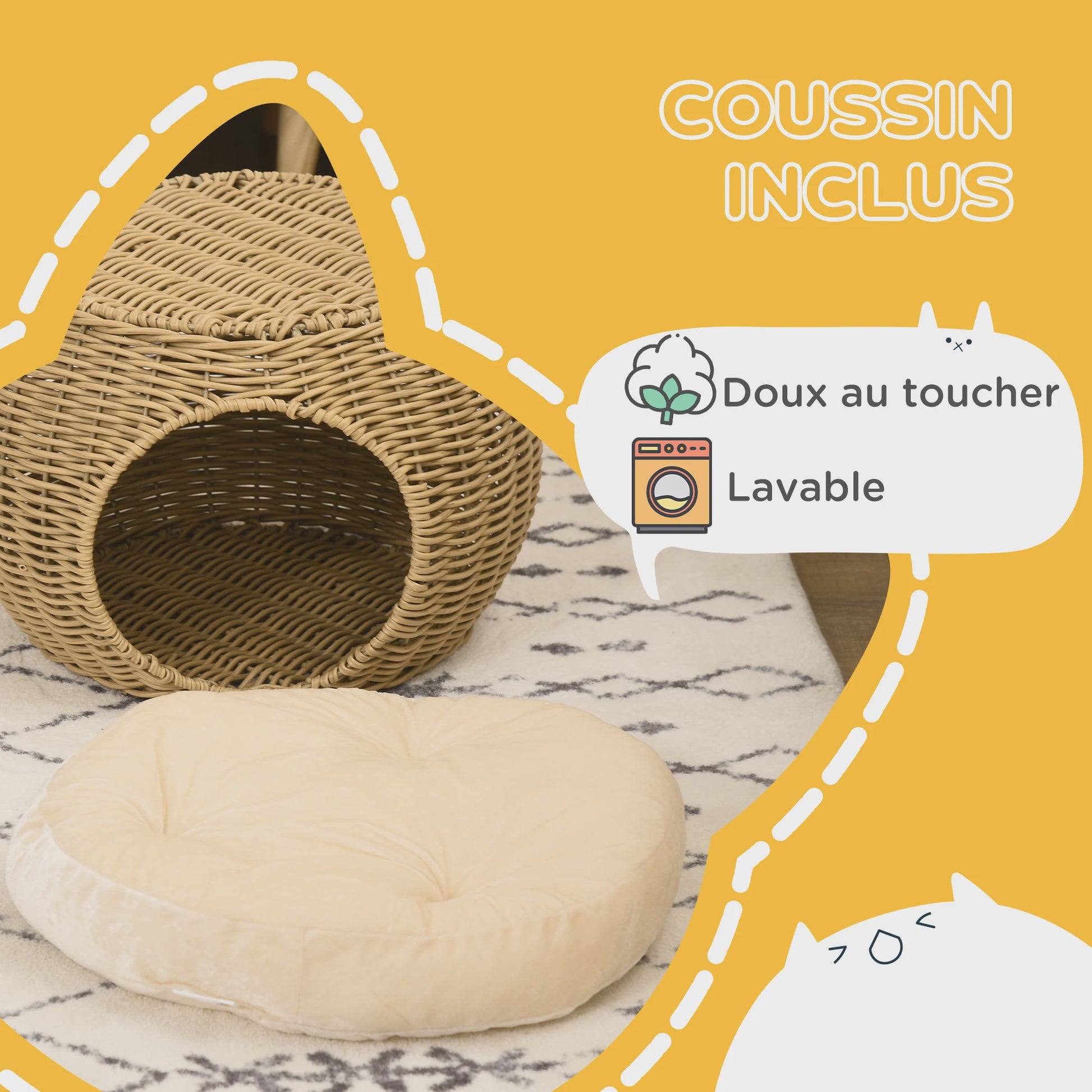 PawHut Kattenmand Niche Rond Rotin PE met Zacht Kussen - Ø 40x30 cm Lichtbruin