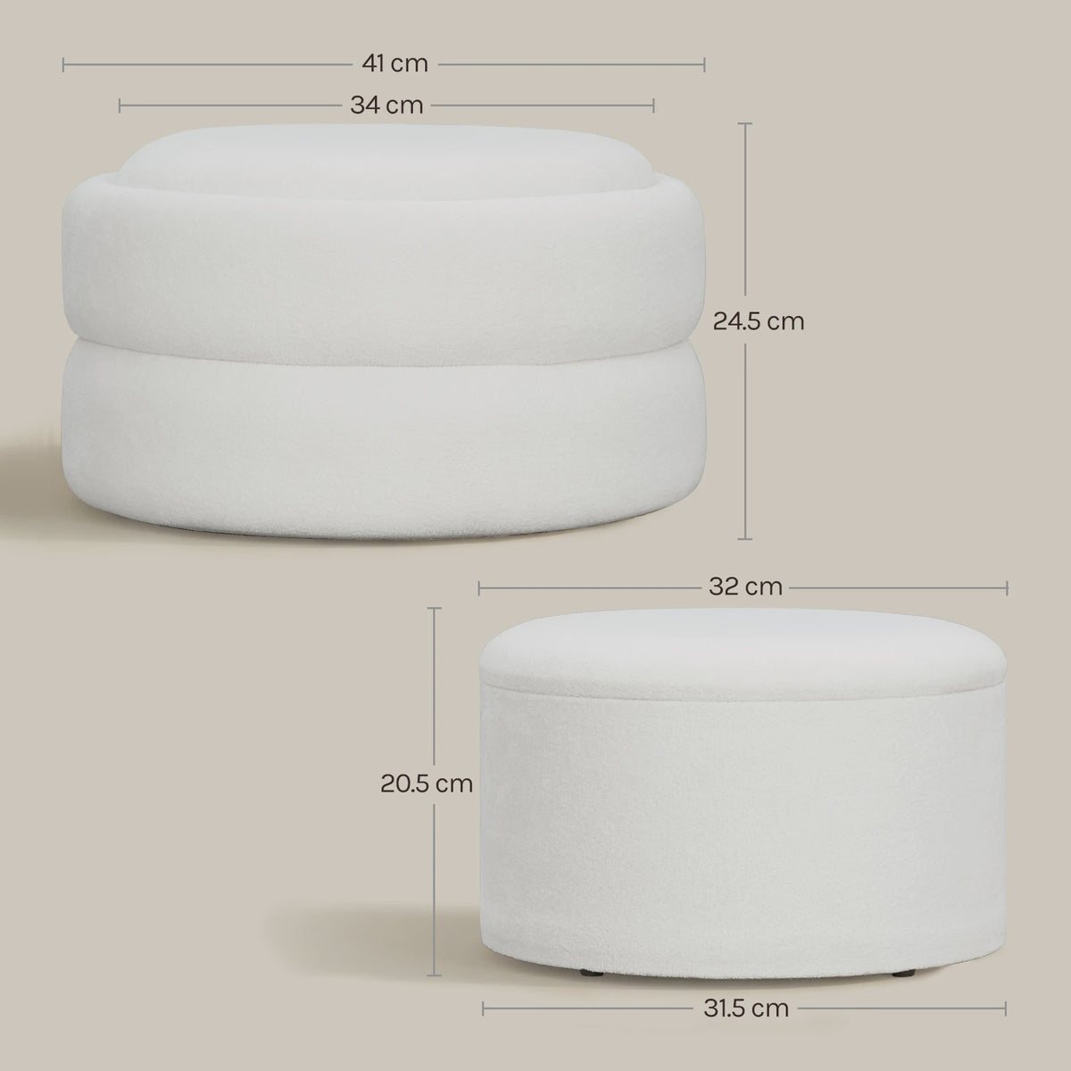 Set van 2 Witte Fluweel Zachte Ottomans met Verborgen Opbergruimte en Stapelbaar Design
