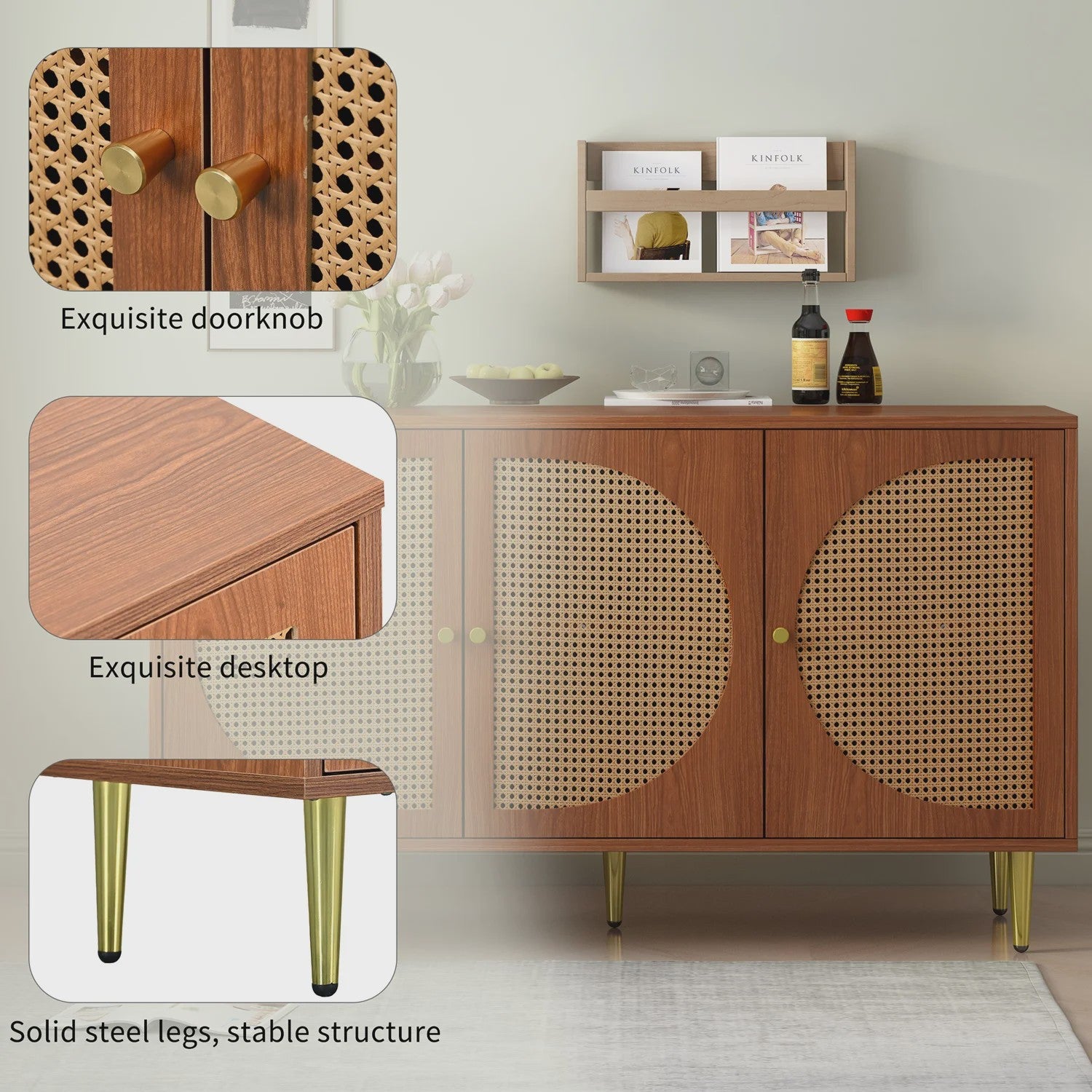 Stijlvol Dressoir met 3 Rotan Deuren en Metalen Handgrepen - Woonkamer & Slaapkamer Kast