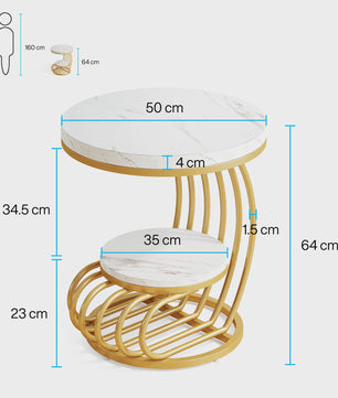 Moderne Ronde Bijzettafel met 2 Niveaus en Marmerlook - Wit Goud