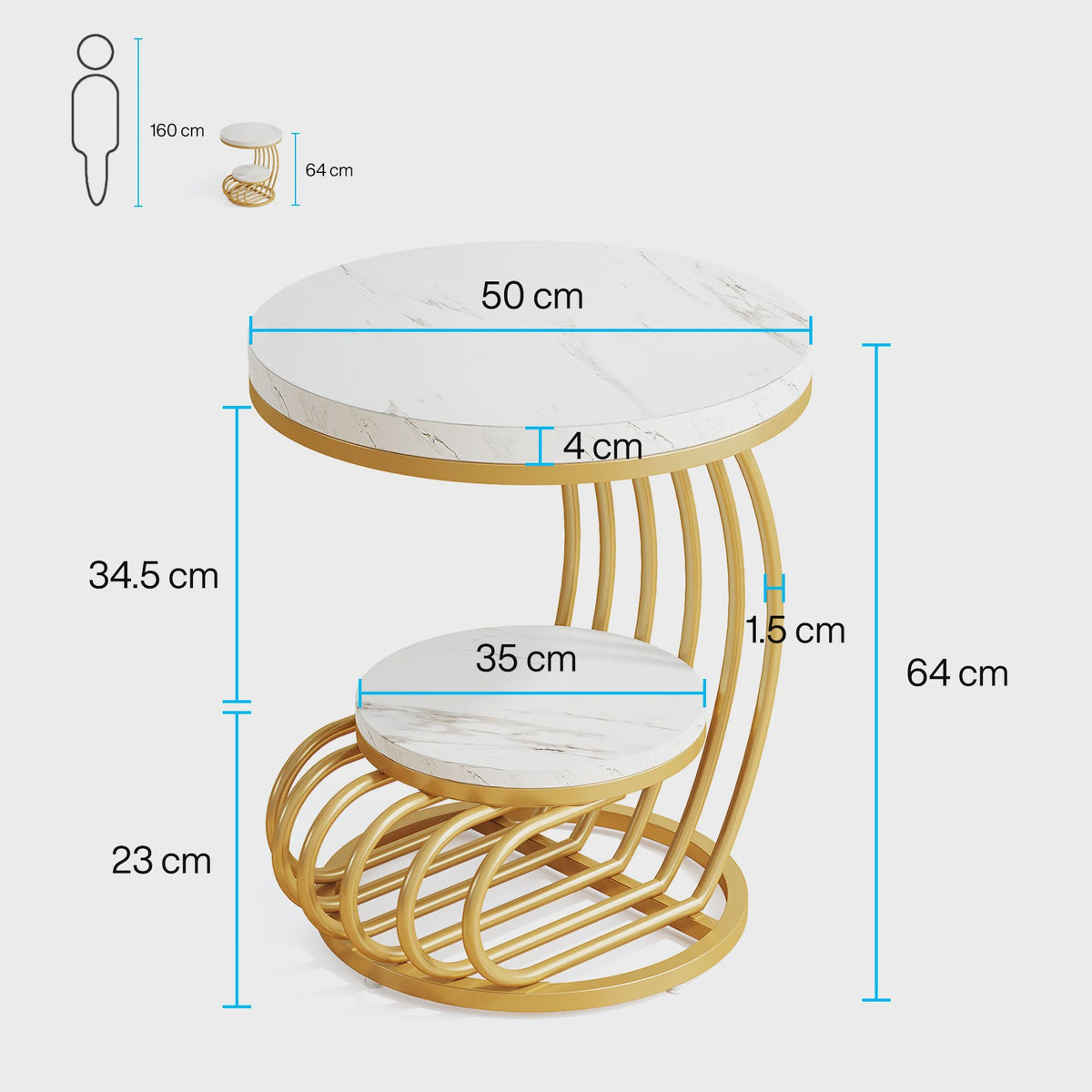 Moderne Ronde Bijzettafel met 2 Niveaus en Marmerlook - Wit Goud