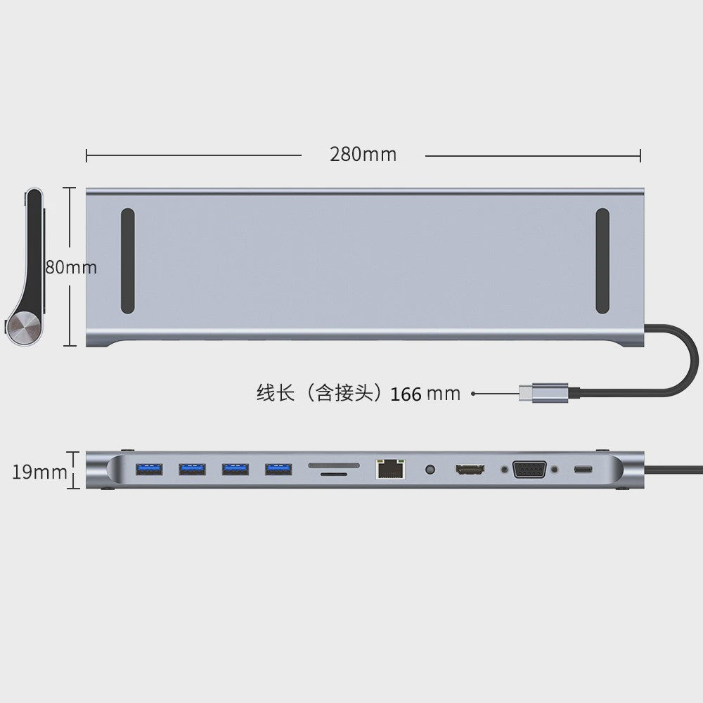 11-in-1 USB-C Hub Docking Station met 4K HDMI, VGA, RJ45, SD/TF Kaartlezer & PD Charge