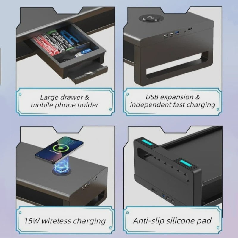 Monitor Riser Stand met USB Docking Station & Draadloze Oplader - Bureau Organizer