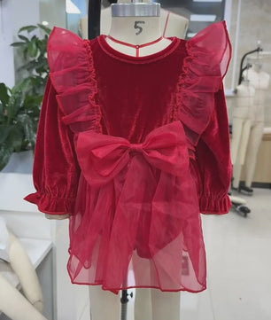 Baby Meisjes Kerst Romper Jurk met Lange Mouwen, Ruches, Tule en Hoofdband