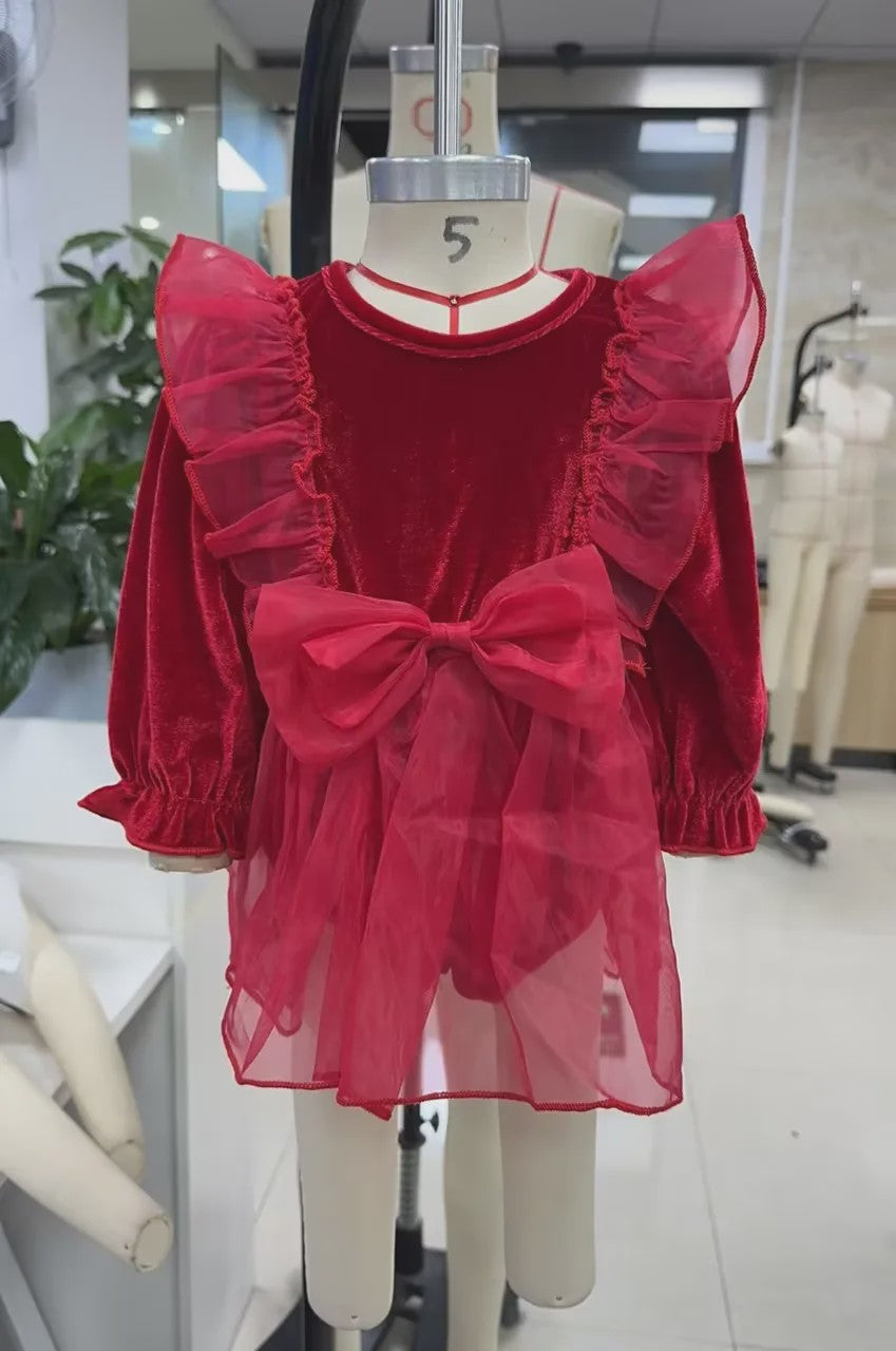 Baby Meisjes Kerst Romper Jurk met Lange Mouwen, Ruches, Tule en Hoofdband