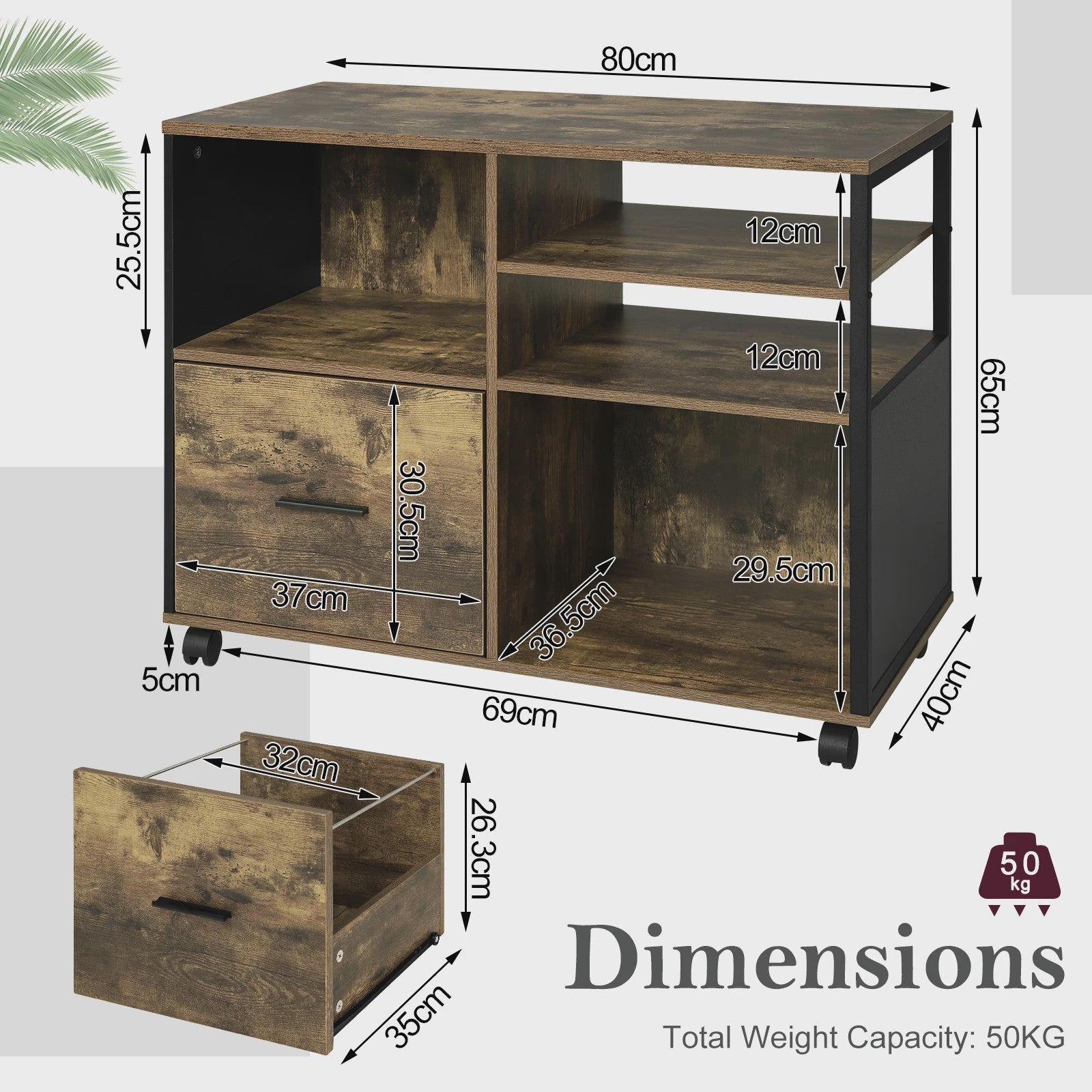 Mobiel Archiefkast Bureau met Wielen, Lades en Opbergvakken - Industrieel Design