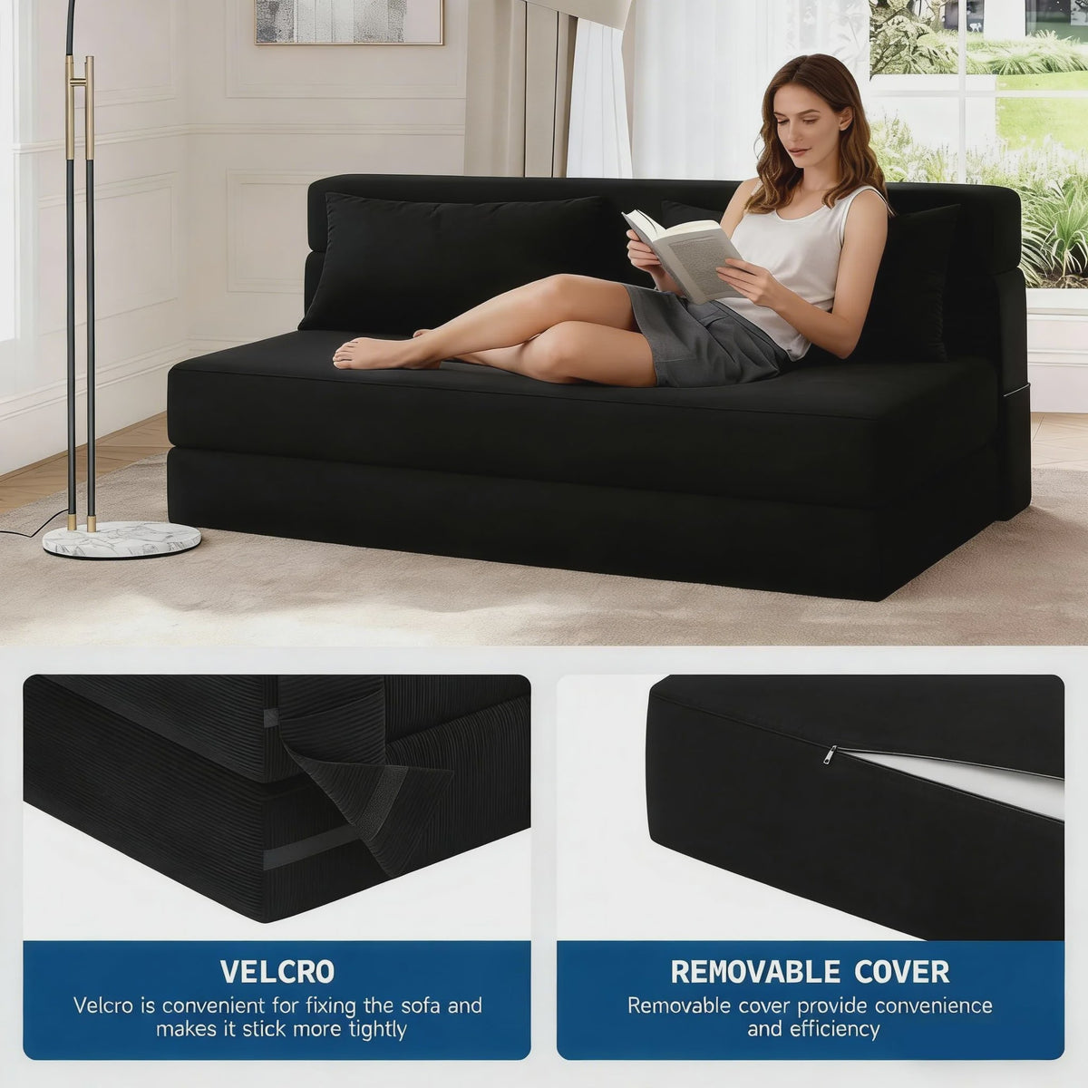Garvee 4-in-1 Opvouwbare Futon Sofa Bed: Multifunctionele Slaapbank met Memory Foam Matras & Kussen