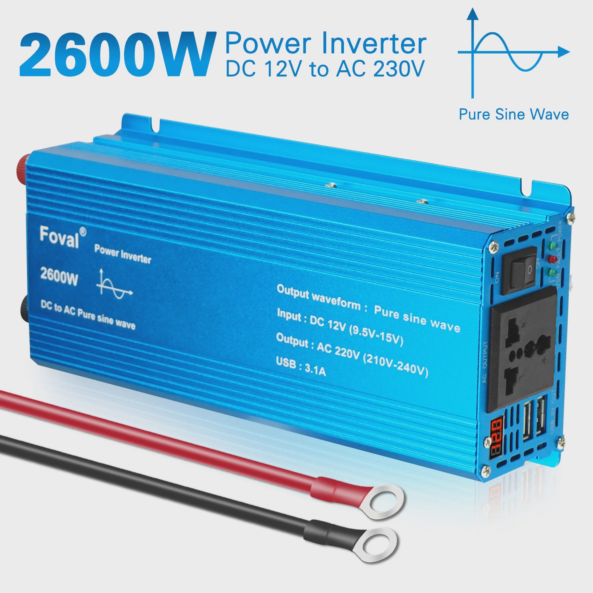 Pure Sine Wave Omvormer 12V DC naar 230V AC - 1500W tot 3000W met EU Stopcontact & USB