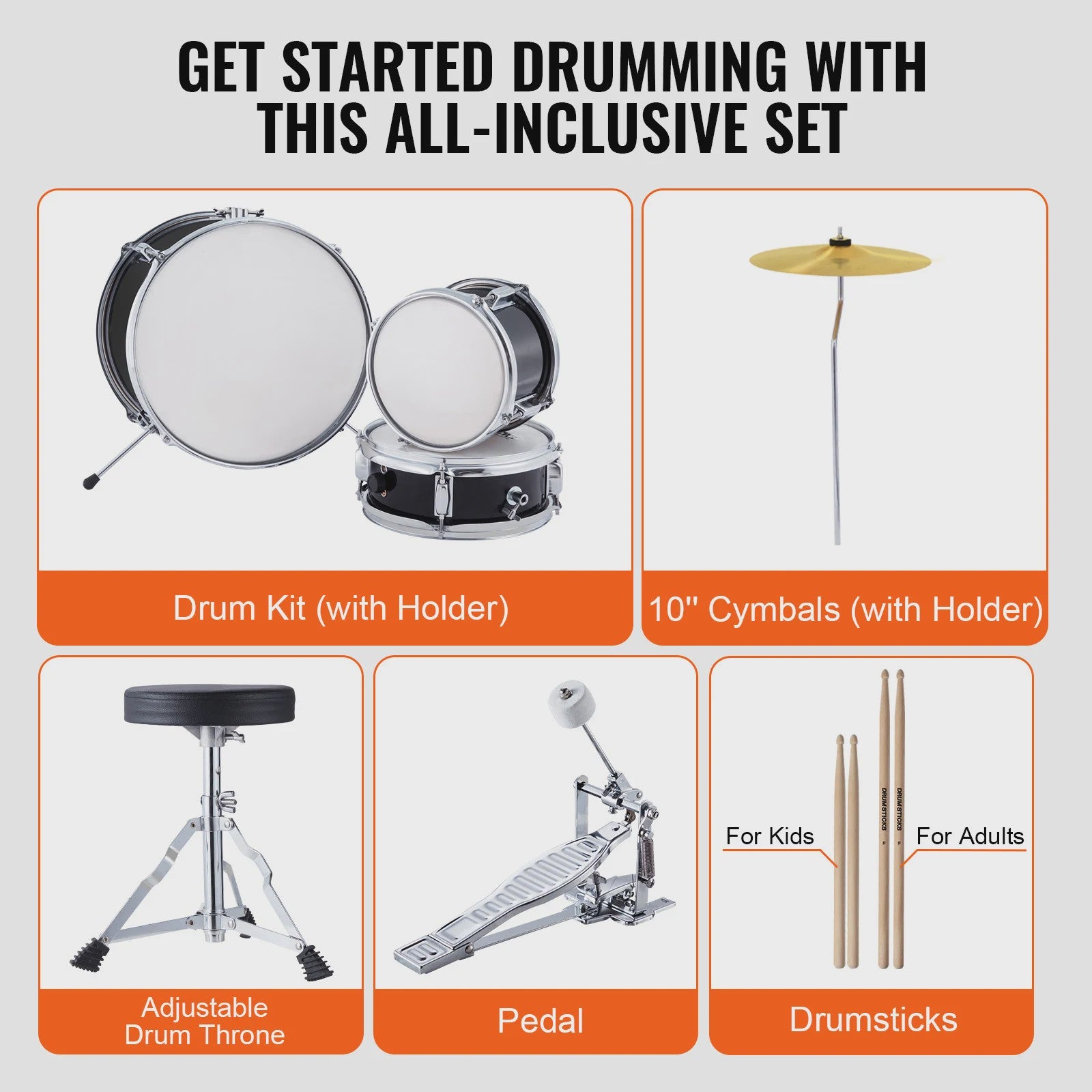 3-delige Kinder Drumstel Set 14 inch - Inclusief Krukje, Bekken & Stokken - Zwart/Blauw