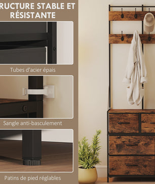HOMCOM 4-in-1 Entree Meubel met 7 Lades en 14 Haken - Industrieel Zwart & Rustiek Bruin