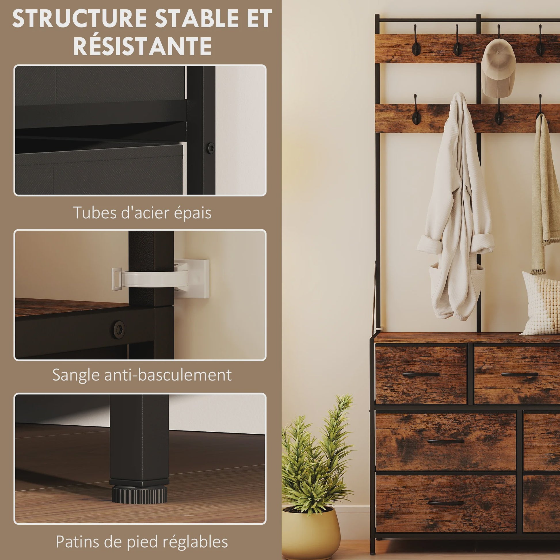 HOMCOM 4-in-1 Entree Meubel met 7 Lades en 14 Haken - Industrieel Zwart & Rustiek Bruin
