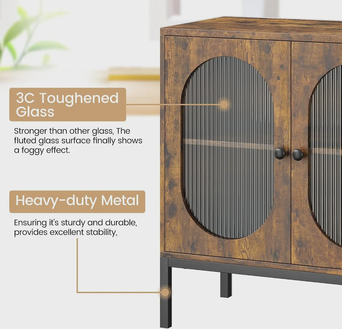 Industriële Buffetkast met Geribbelde Glazen Deuren - Hout & Metaal