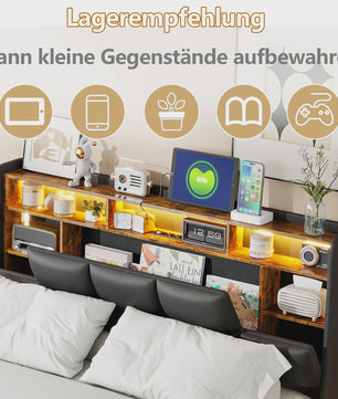 Luxe Gestoffeerd Bed met Hydraulische Opbergruimte, LED Verlichting en Laadstation