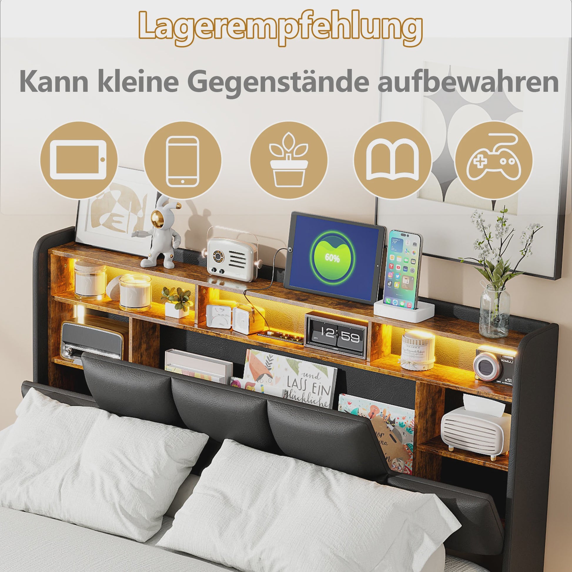 Luxe Gestoffeerd Bed met Hydraulische Opbergruimte, LED Verlichting en Laadstation