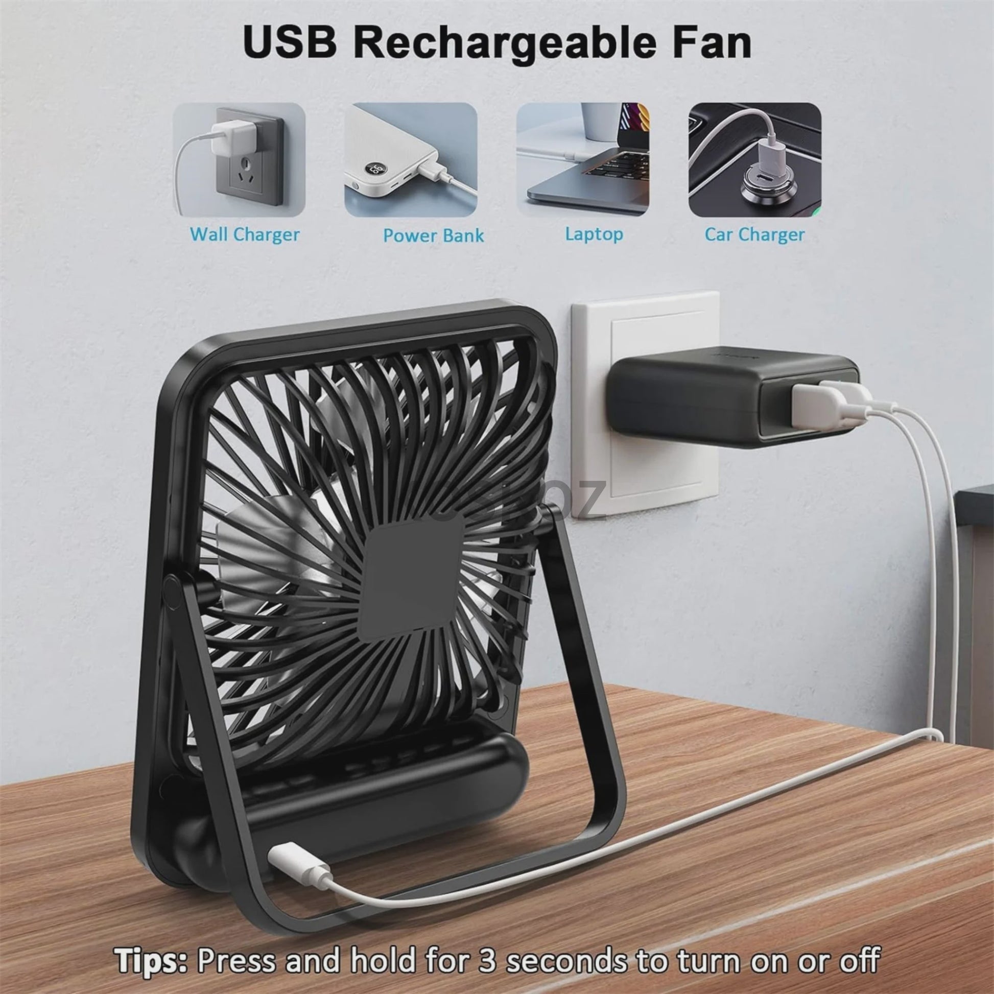 Draagbare USB Ventilator met 5 standen, 180° kantelbaar en stil