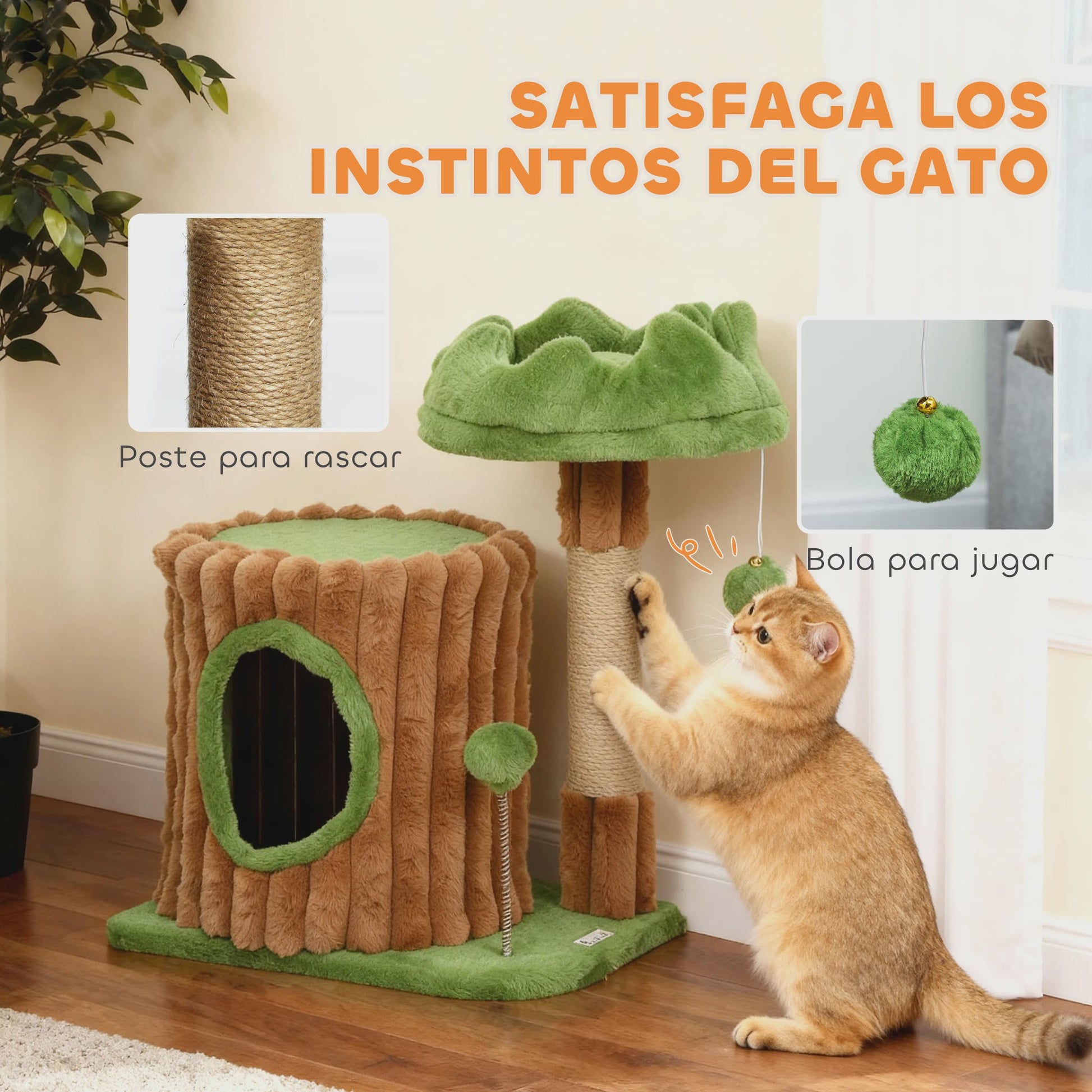 Pawhut Cat Scratching Tree 53 cm Trunk Design with House Bed Jute Post Balls Brown and Green