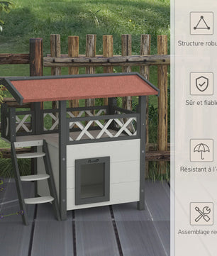 PawHut Luxe Kattenhuis Villa met Terras, Trap en Dak - 77x50x73 cm - Wit/Rood